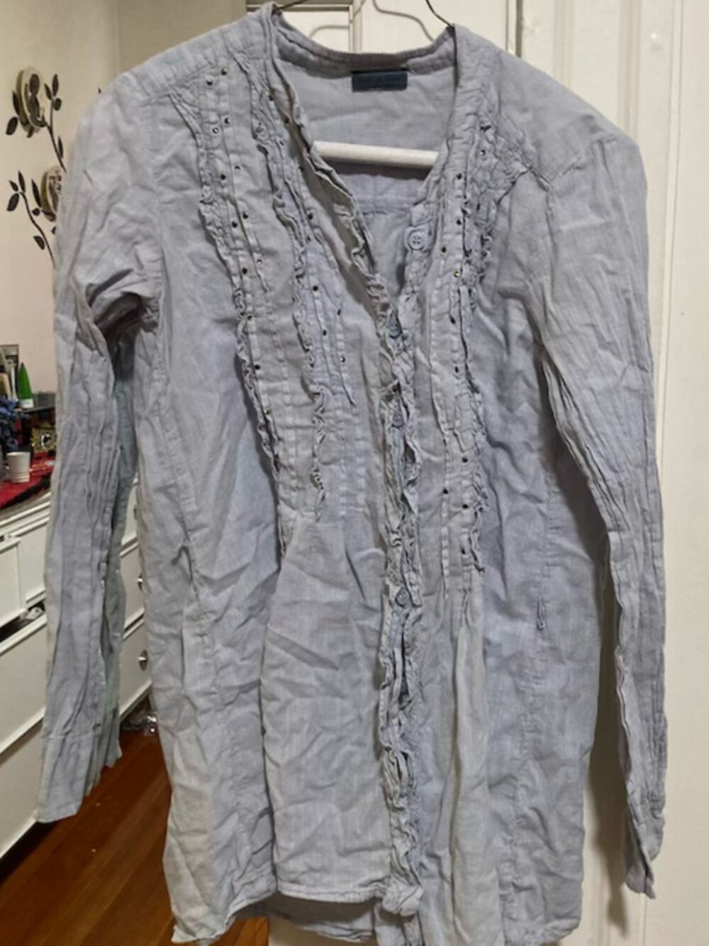Left of Centre brand: long gray button up half sleeve tunic / shirt with ruffles